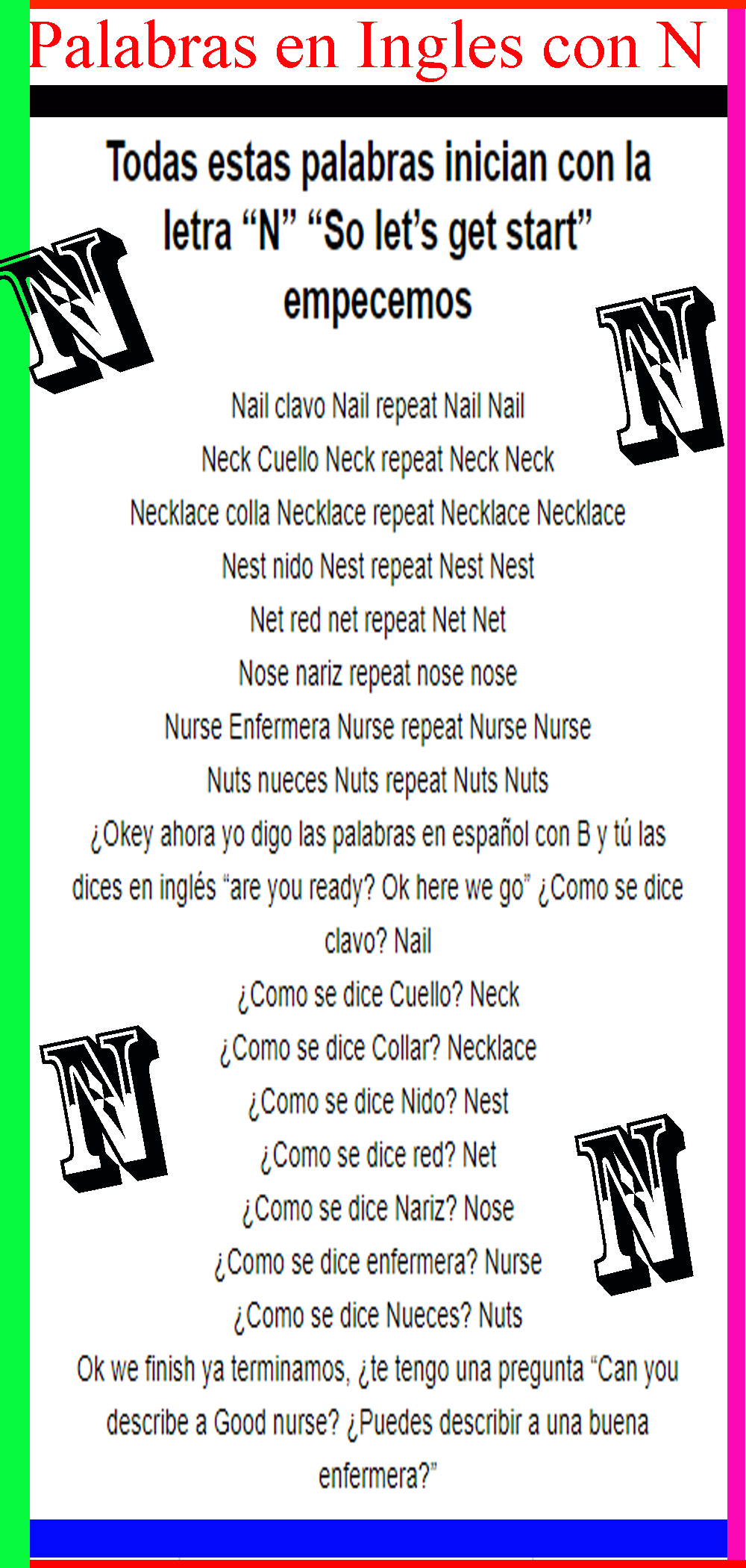 Palabras en Ingles con N