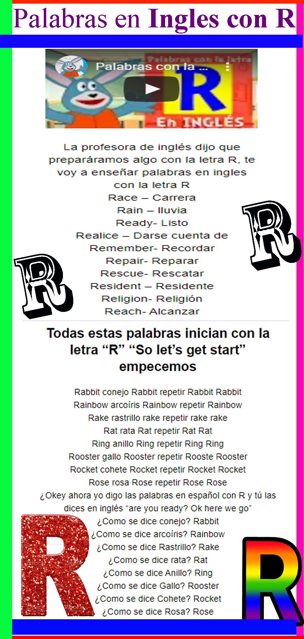 Palabras En Ingles Con La Letra R